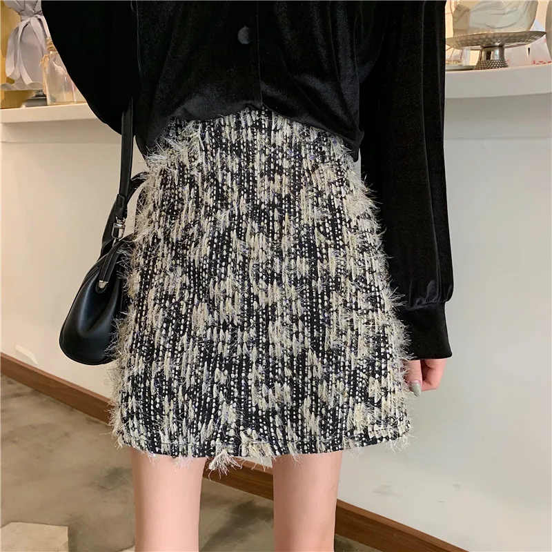 

2021 New Autumn Winter Tweed Women Skirt Elegant Slim High Waist A-Line Mini Skirt Fashion Casual All-Match